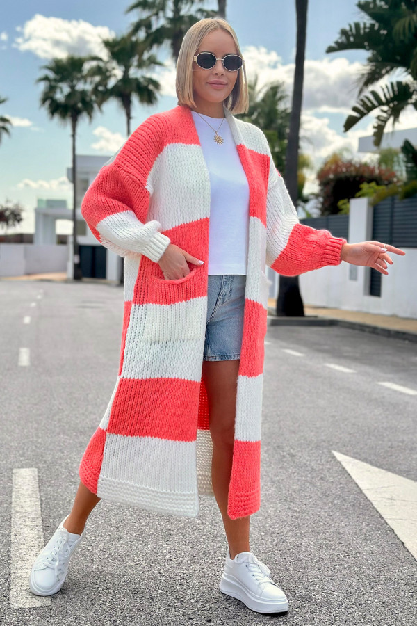 Długi kardigan oversize Agnes Ecru-koral 3