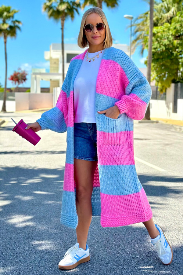 Długi kardigan oversize Agnes Błękit-baby róż 5