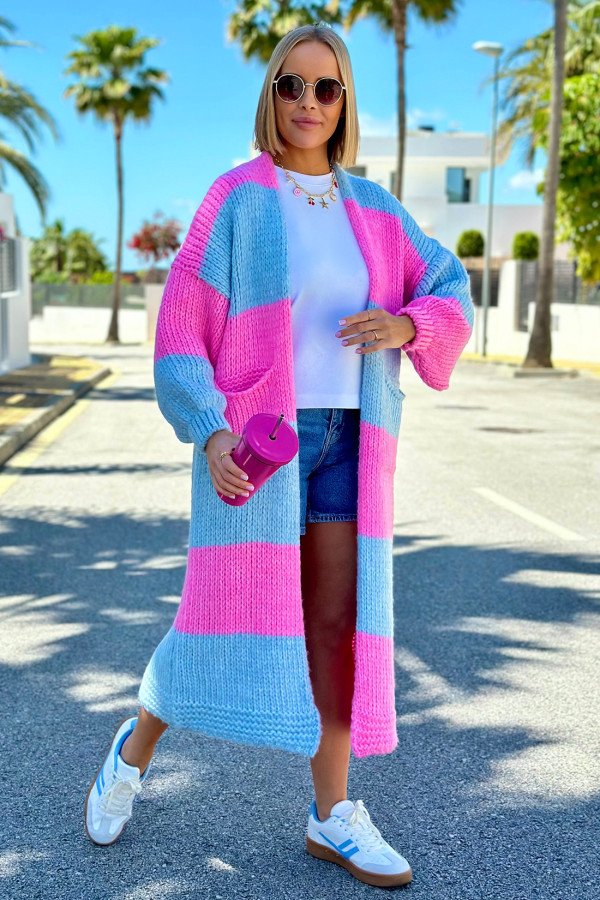Długi kardigan oversize Agnes Błękit-baby róż 6