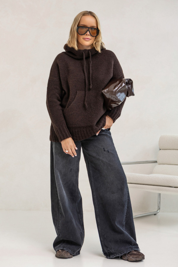 Sweter oversize z kapturem Kangurka Czekolada