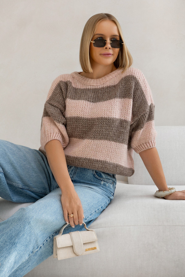 Krótki sweter w paski Gabriella Róż-kakao