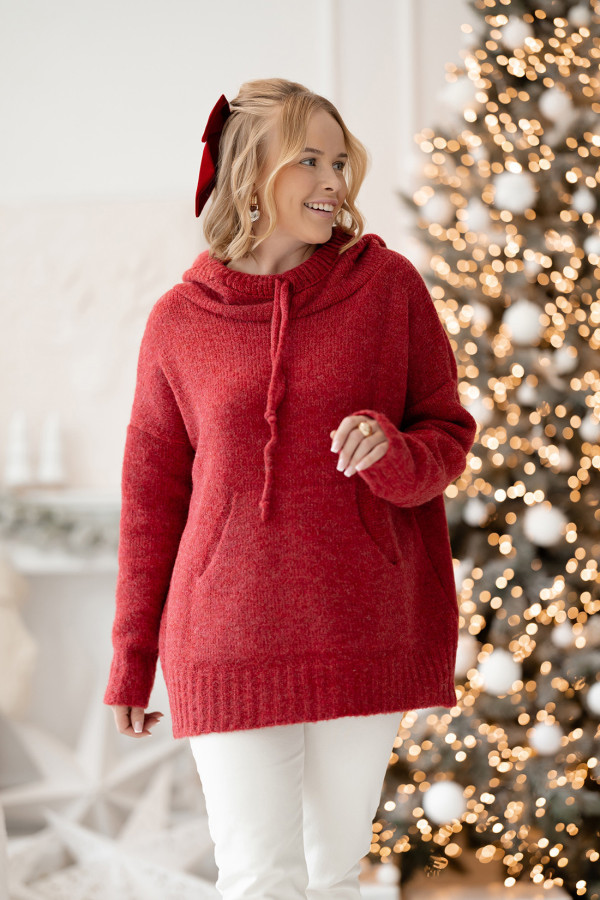 Sweter oversize z kapturem Kangurka Bordo 3