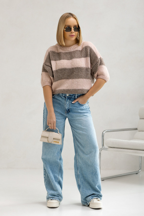 Krótki sweter w paski Gabriella Róż-kakao 1