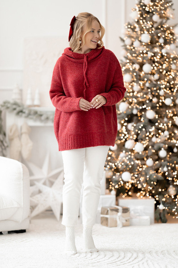 Sweter oversize z kapturem Kangurka Bordo 1