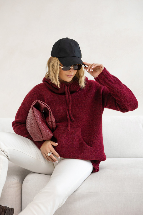 Sweter oversize z kapturem Kangurka Burgund 1