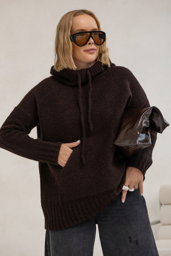 Sweter oversize z kapturem Kangurka Czekolada 1