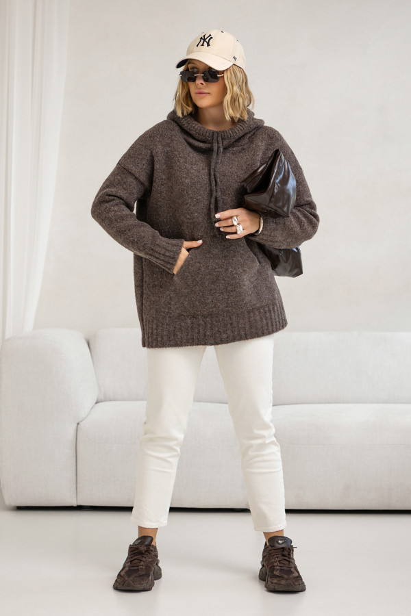 Sweter oversize z kapturem Kangurka Ciemne Kakao