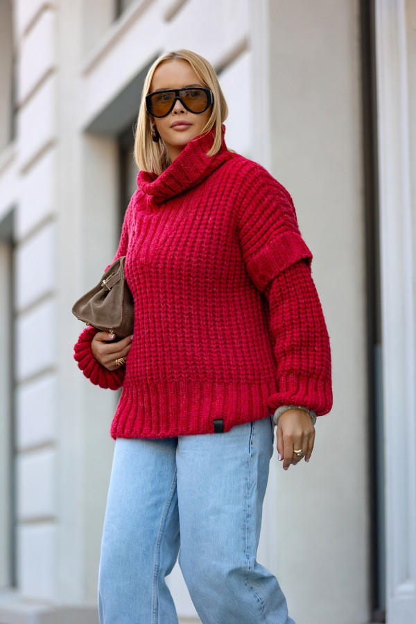 Sweter oversize z golfem Rosso Malina 2